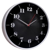Часы настенные TROYKA 77777740, круг, черные, серебристая рамка, 30,5х30,5х5 см фотография