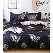 Комплект постельного белья Евро на резинке из поплина “Candie's“ Черный с бело-серыми пальмовыми ветками и фото