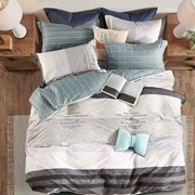 Семейный комплект постельного белья из сатина “Lorida A+B“ Серо-бело-бежевый с полосками и надписями и фотография