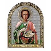 Beltrami Пантелеимон, святой целитель и великомученик, серебряная икона на дереве с позолотой и цветной эмалью Высота иконы 9 см фото