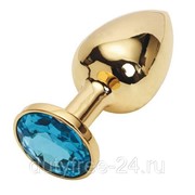 Золотистая металлическая анальная пробка с голубым стразом - 9,5 см. фото