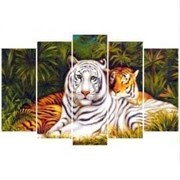 Пятипанельная модульная картина 80 х 140 см Отдыхающие белый и рыжий тигры в зеленных зарослях фото