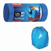 Мешки для мусора 120 л, с ушками, синие, рулон 15 шт., ПВД, 24 мкм, 70х118 см, PACLAN 'Multitop', 402045 фотография