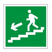 Знак эвакуационный “Направление к эвакуационному выходу по лестнице НАЛЕВО вниз“, квадрат 200х200 мм, фотография
