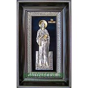 Ялтинская церковная мастерская Пантелеимон, святой великомученик и целитель, ростовая серебряная икона с золочением в киоте Высота иконы 29 см фото