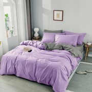Комплект постельного белья двухсторонний из сатина с простыней на резинке евро размер сиреневый с серым фото