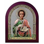 Beltrami Пантелеимон, святой целитель и великомученик, серебряная икона в деревянном окладе с позолотой и цветной эмалью Высота иконы 10 см фото