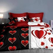 Семейный комплект постельного белья на резинке из сатина “Karina AB“ Черный и белый с большими красными фотография