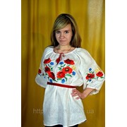 Блузка вышитая “МАКИ“ лен с длинным рукавом фото