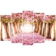Пятипанельная модульная картина 80 х 140 см Дорога с деревьями с розовыми цветочками фото