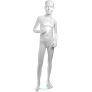 Манекен детский, стилизованный, белый глянец, для одежды в полный рост, на 10 лет, стоячий прямо, правая рука согнута в локте. MD-Peppy Abstract фото