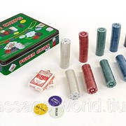 Покерный набор в металлической коробке (500 фишек с номиналом,2кол.карт,полотно) фото