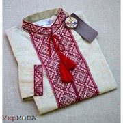 Современная льняная мужская рубашка с красной вышивкой (Б-08) фото