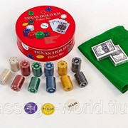 Покерный набор в круглой металлической коробке (240 фишек с номиналом,2кол.карт,полотно) фото