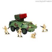 Р/У игрушка "Бронетранспортер с зенитной установкой" Mioshi Army 30 см с фигурками 4 солдата и 2 собаки (поворот башни,свет,звук)