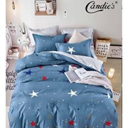 Двуспальный комплект постельного белья на резинке из поплина “Candie's“ Темно-голубой с разноцветными фото
