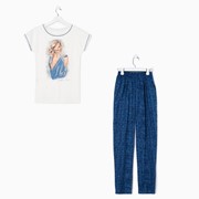 Комплект женский (футболка, брюки) цвет тёмно-синий, размер 56 фотография