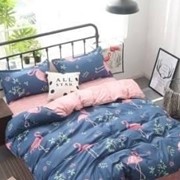 Комплект постельного белья Евро из сатина “Mency“ Синий с веточками и розовыми цветочками с фламинго и розовый фото
