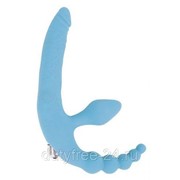 Голубой безремневой страпон с анальным отростком и вибрацией - 15 см. фото