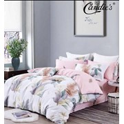 Комплект постельного белья Евро на резинке из хлопка “Candie's“ Белый с большими разноцветными листьями и фото