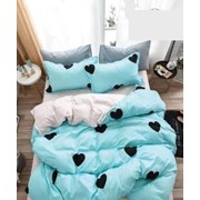 Семейный комплект постельного белья из сатина “Lorida“ Бирюзовый с черными сердечками и белый фотография