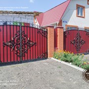 Ворота распашные кованые с профнастилом  и калитко фото