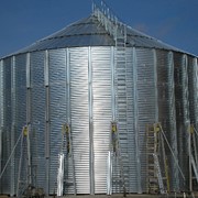 Силос на бетонном основании типа МСВУ - сборные металлические зернохранилища для хранения очищенных зернопродуктов с кондиционной влажностью не более 14 %. фотография