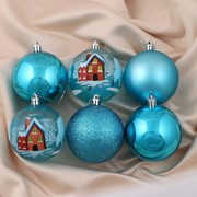 Набор шаров пластик d-8 см, 6 шт “Зимний домик“ голубой фото