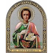Beltrami Пантелеимон, святой великомученик и целитель, дорожная серебряная икона с позолотой и эмалью, в кожаном чехле Высота иконы 8 см фото