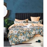 Полутораспальный комплект постельного белья из сатина 130гр Темно-серо-синий с узором из разных цветов и фотография