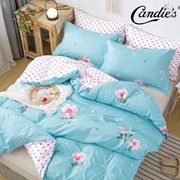 Комплект постельного белья Евро из сатина “Candie's AB“ Ярко-бирюзовый с розовыми цветочками и белый в красный фотография