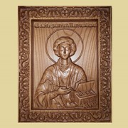 Икона резная деревянная Пантелеймон Целитель (размеры 270х215х25, дерево-ясень, патина) фото