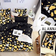 Полутораспальный комплект постельного белья из сатина “Alanna“ Черный с желто-белыми сердечками с узорами и фотография