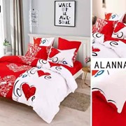 Двуспальный комплект постельного белья из сатина “Alanna“ Бело-красный с большими сердечками с надписями фотография