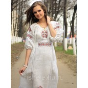 Платье в русском стиле Славянка | лен белое c вышивкой 8-9 (белый, 50) фотография