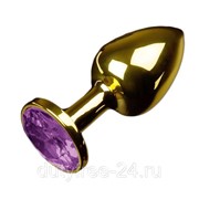 Маленькая золотистая анальная пробка с круглым кончиком и фиолетовым кристаллом - 7 см. фотография