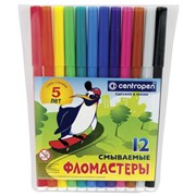 Фломастеры CENTROPEN, 12 цветов, "Пингвины", смываемые, вентилируемый колпачок, полибег, 7790/12