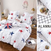 Семейный комплект постельного белья из сатина “Alanna“ Бело-серый с разными полосочками и красно-синими фото