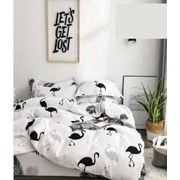 Двуспальный комплект постельного белья из сатина “Lorida“ Белый с черно-серыми фламинго и белый с пальмовыми фотография
