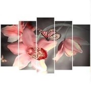 Пятипанельная модульная картина 80 х 140 см Большие розовые цветочки и розовые бабочки фото
