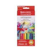 Карандаши цветные акварельные BRAUBERG АКАДЕМИЯ, 12 цветов, шестигранные, высокое качеств фотография