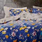 Бельё постельное из натурального поплина комплект синий с цветами фото