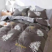 Комплект постельного белья Евро на резинке из поплина “Alorea A+B“ Темно-серый с бело-желтыми пальмовыми фото