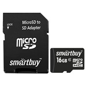 Карта памяти microSDHC, 16 GB, SMARTBUY, 10 Мб/сек. (class 10), с адаптером, SB16GBSDCL10-01 фотография