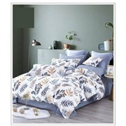Семейный комплект постельного белья из сатина 130гр Белый с разноцветными веточками с листиками и фотография