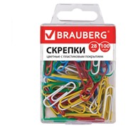 Скрепки BRAUBERG, 28 мм, цветные, 100 шт., в пластиковой коробке, 221111 фотография