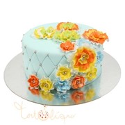 Свадебный торт голубой с цветочками №601 фото