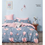 Двуспальный комплект постельного белья из сатина “Boris“ Голубой с розовыми цветочками и светло-розовый фотография