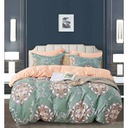 Семейный комплект постельного белья из сатина “Lorida A+B“ Оливковый с узорами и персиковый фото