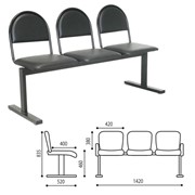 Кресло для посетителей трехсекционное “Тройка“, 835х1420х520 мм, черный каркас, черный кожзам, СМ 91-03 К01 фотография